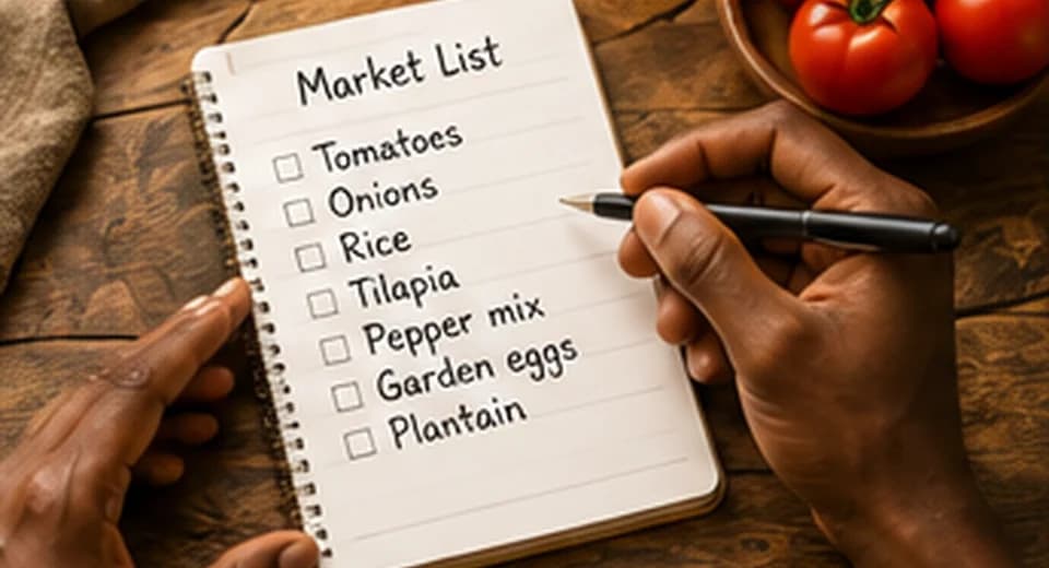 A shopping list being written beside fresh produce