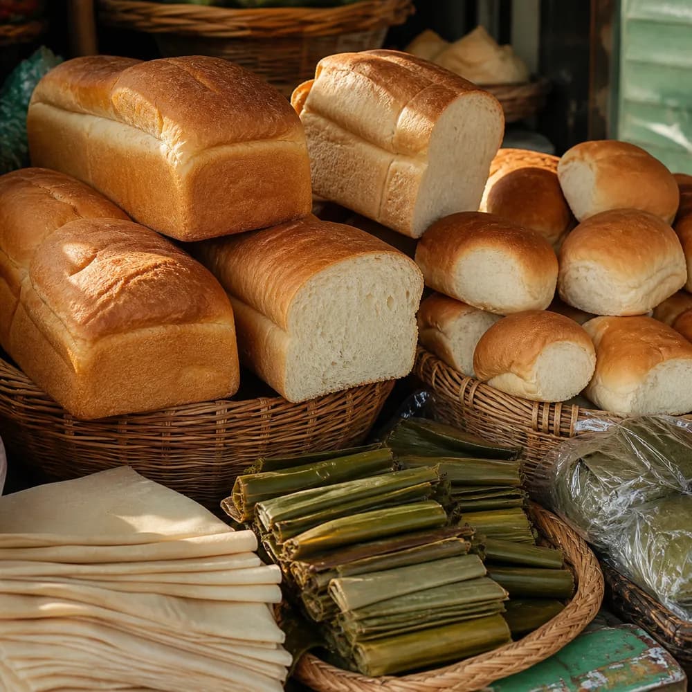 Fresh bread and traditional food wrappers in market baskets