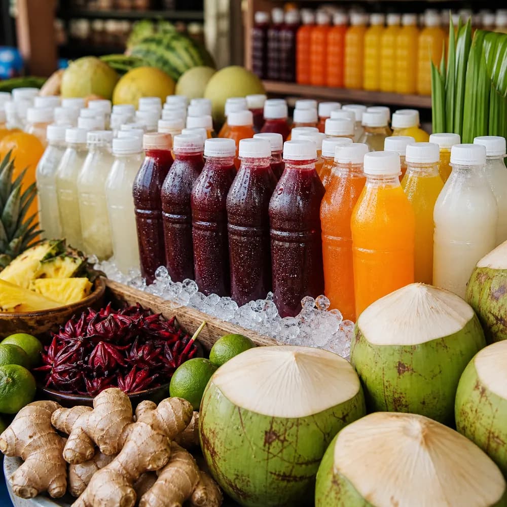 Chilled Ghanaian fruit drinks at a market stall