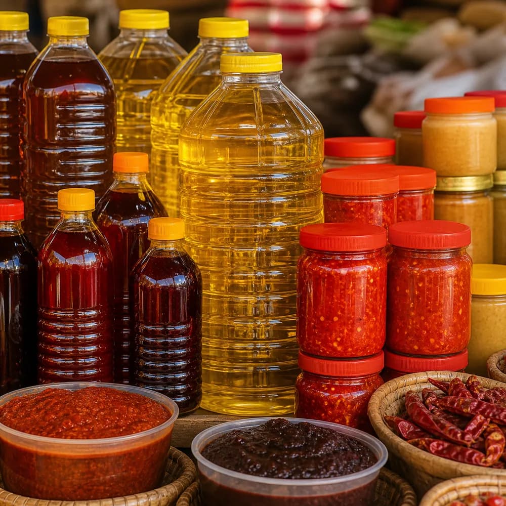 Cooking oils and sauces at a Ghanaian market